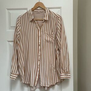 Jane and Delancey Tan and White Relaxed Button Down Shirt with Notched Collar